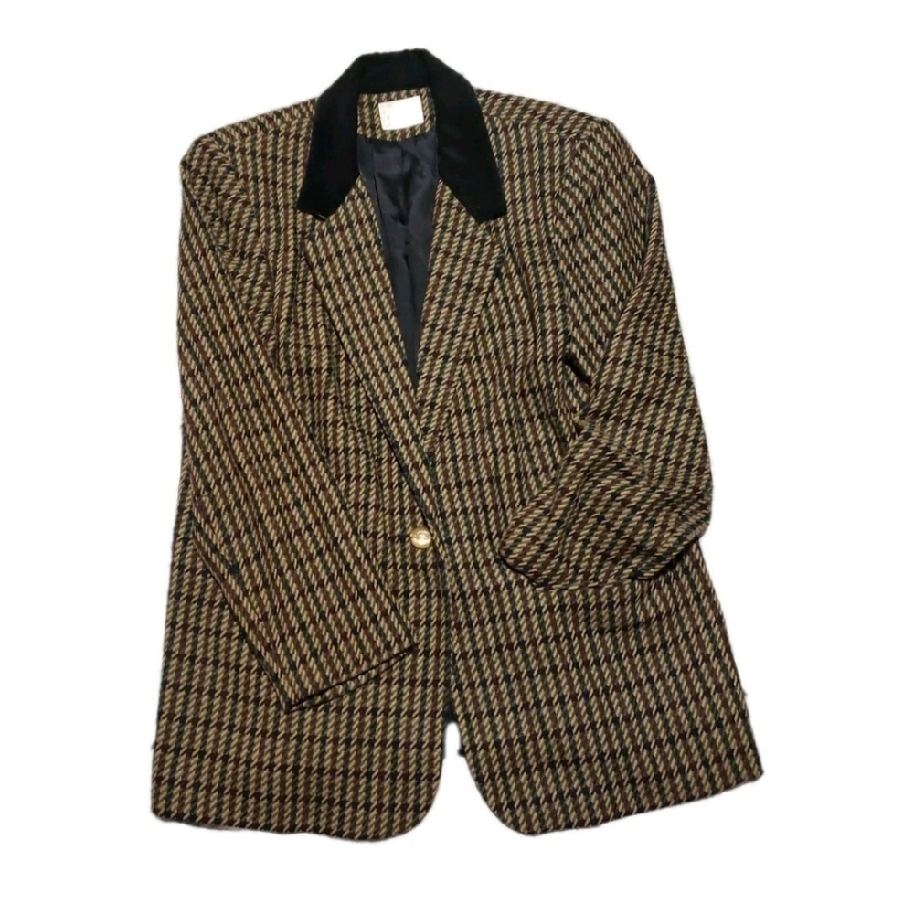 Vtg Haggar Classics Women's Blazer Houndstooth Velvet Collar *Read* Office